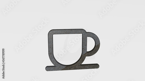 coffee cup made by 3D illustration of a shiny metallic sculpture casting shadow on light background. cafe and business