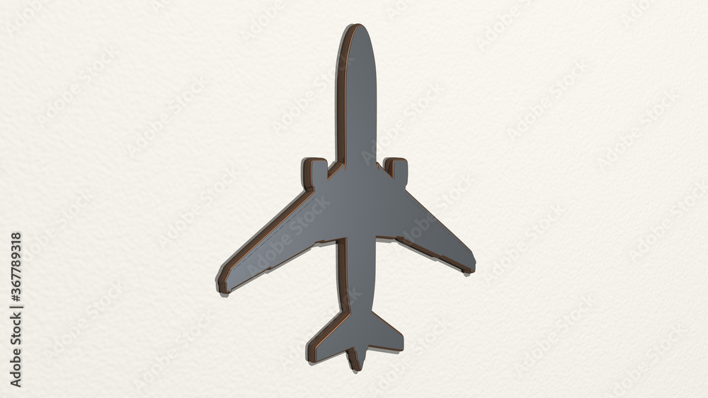 AEROPLANE from a perspective on the wall. A thick sculpture made of metallic materials of 3D rendering. airplane and aircraft AEROPLANE from a perspective on the wall. A thick sculpture made of metallic materials of 3D rendering. airplane and aircraft
