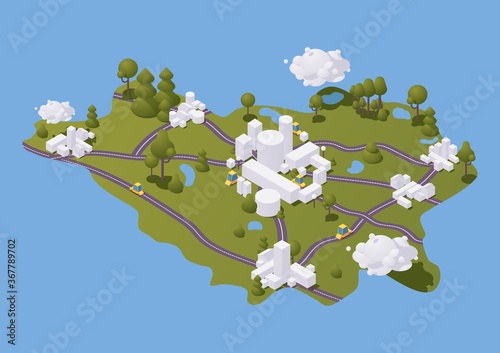 Isometric flat Belarus country with main cities, roads, lakes and trees. Concept 3d illustration good for infographics with clouds and shadows. Part of Europe continent with cars riding