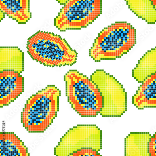 Seamless pattern with pixel papaya, vector illustration