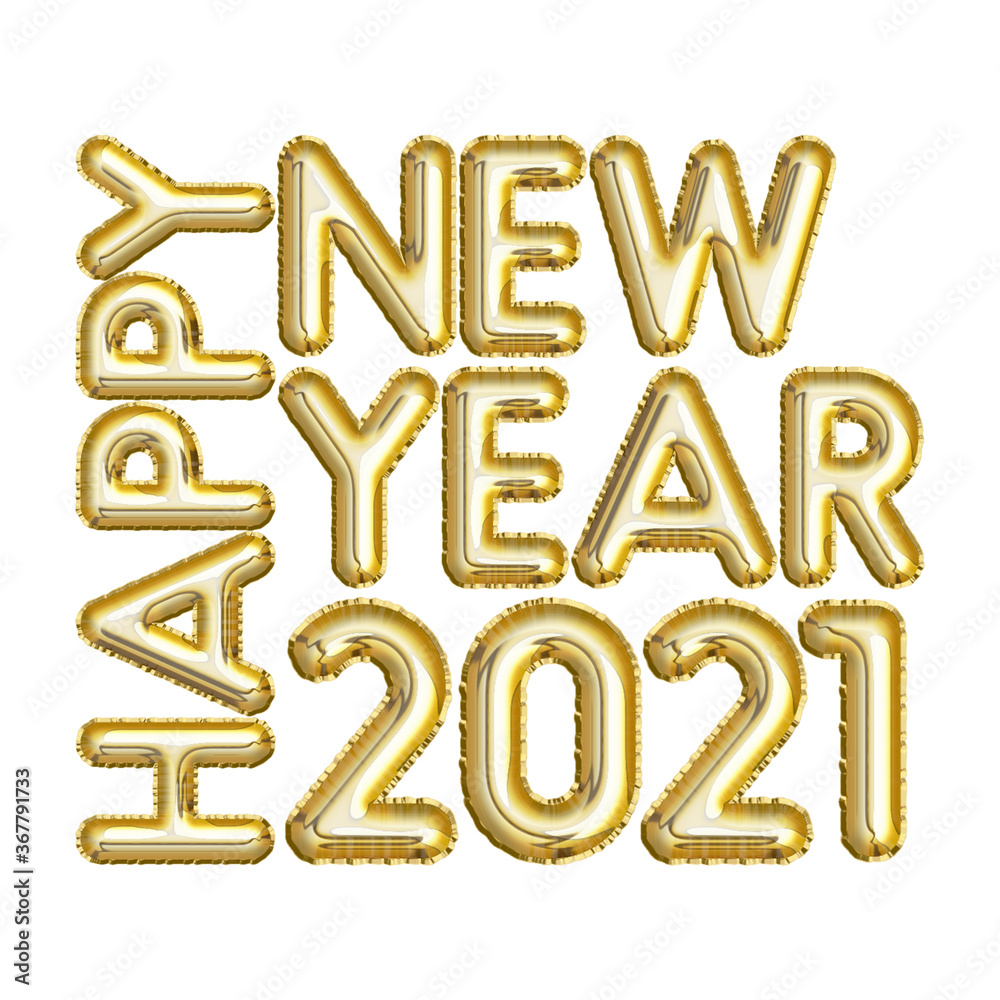 Words HAPPY NEW YEAR 2021 made of golden inflatable balloons isolated on white background. Illustration of foil balloon font Words HAPPY NEW YEAR 2021 made of golden inflatable balloons isolated on white background. Illustration of foil balloon font
