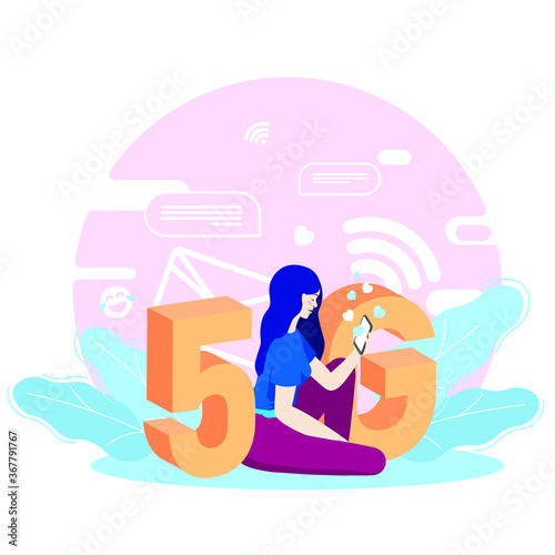 Girl and 5G technology.Woman sit. Human using device. Illustration for web