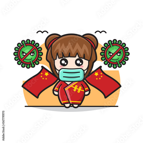 Illustration Vector Graphic of Cute Chinese Girl Mascot Against the Virus (COVID-19)