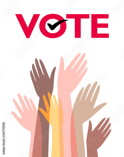 Voting, elections. The hands of people of different races are raised to vote. The position is freedom of choice.