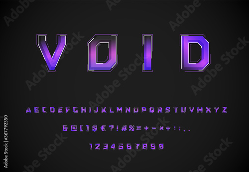 Futuristic 'Void' purple/blue fontset with dashed strokes and blending effects, vector illustration