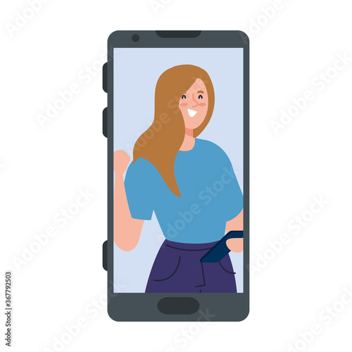 young woman in smartphone device, on white background