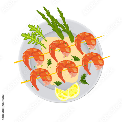 Plate with asparagus shrimp, lemon wedges and aromatic herbs. Seafood food concept. Flat vector illustration isolated