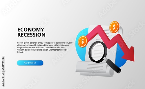 economy depression and recession financial crisis analysis concept with downtrend red arrow bills, magnifying glass, and dollar coin.