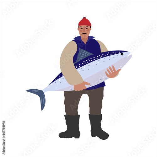 The sailor stands with a large fish in his hands.