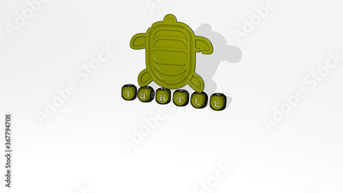 3D illustration of TURTLE graphics and text made by metallic dice letters for the related meanings of the concept and presentations. animal and sea photo