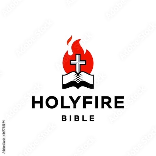 cross, bible and fire icon, Church logo. The open bible and the holy cross fire flame background