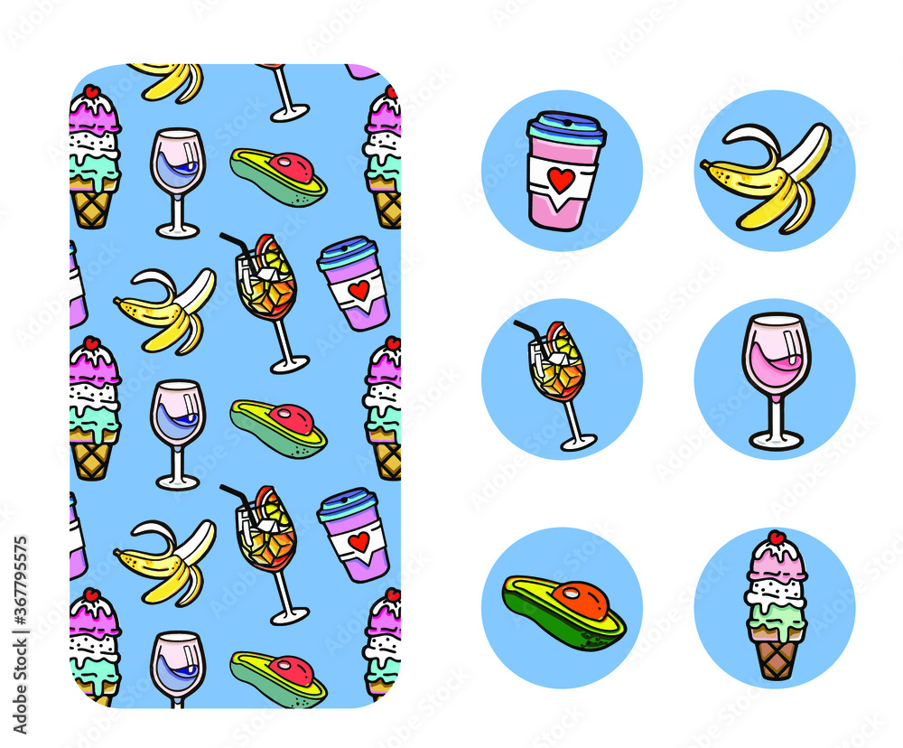 Fototapeta premium summer pop art comic style pattern, ice cream, banana and avocado, cold drinks or coffee with a glass of wine, pizza or scrambled eggs for breakfast, set of design design for instagram stories, backg