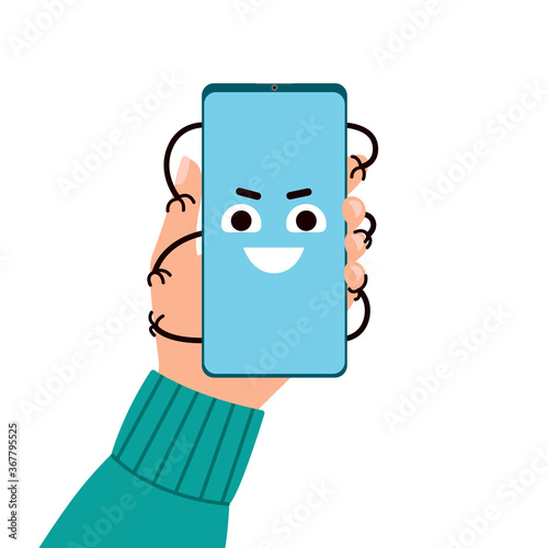 Smartphone addiction. Hand holds phone, which is clutching hand. Bad lifestyle concept. Vector flat illustration