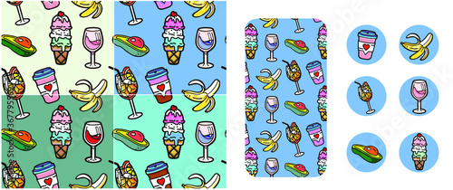 summer pop art comic style pattern,  ice cream, banana and avocado, cold drinks or coffee with a glass of wine, pizza or scrambled eggs for breakfast, t shirt print, post card, set of design 