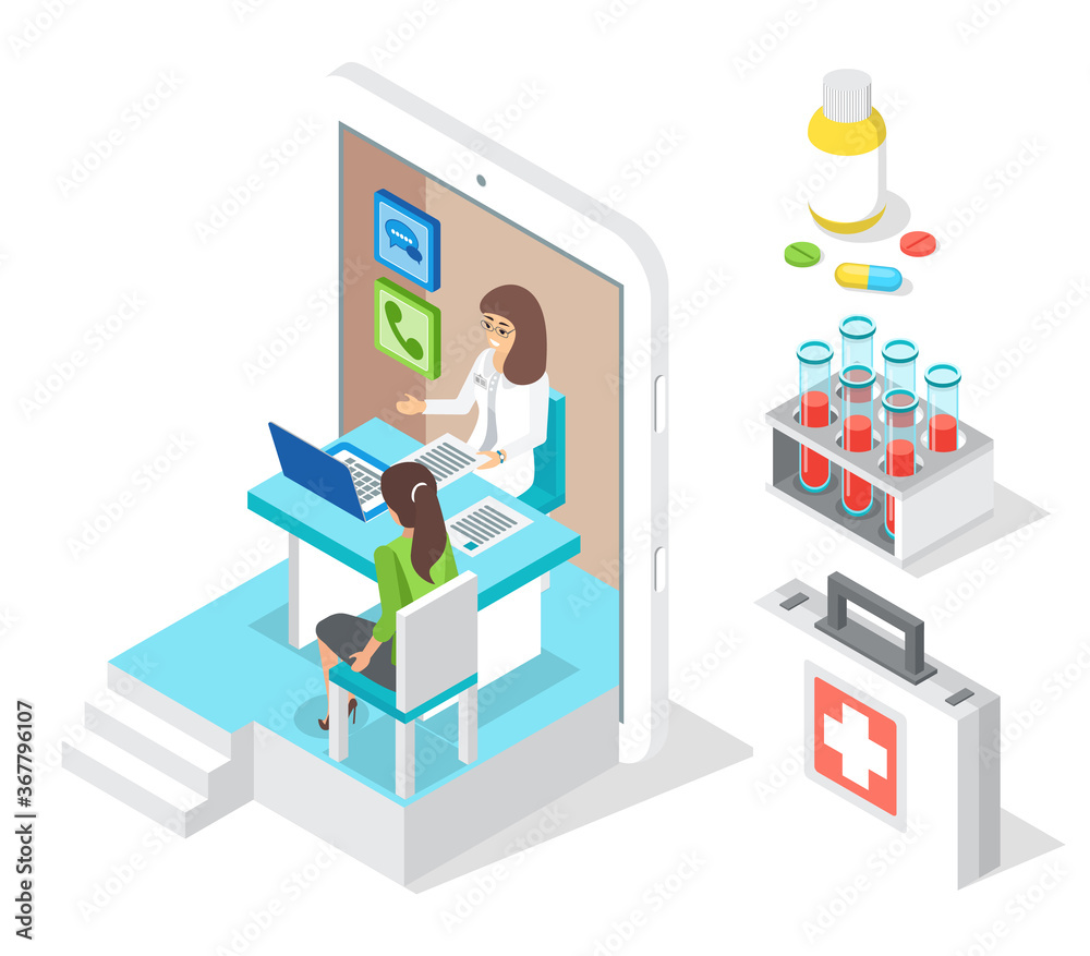 Fototapeta premium Isometric tablet. Online consultation doctor with patient. Healthcare and treatment. Medical app, virtual help at distance. Bottle with pills, test tubes, first aid kit icons. Online medicine