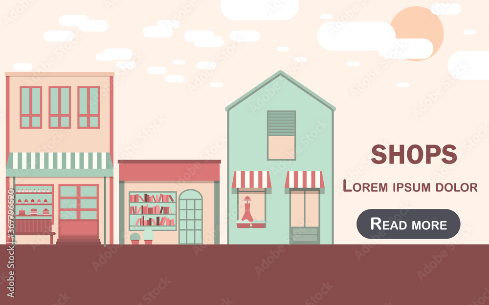 Pink cute shops illustration. Lovely website template. Bakery, department store, book shop vector elements. 