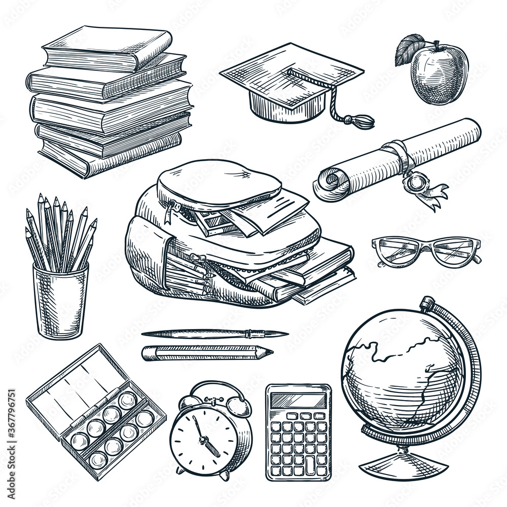 Fotografie School supplies and education design elements, isolated on white background