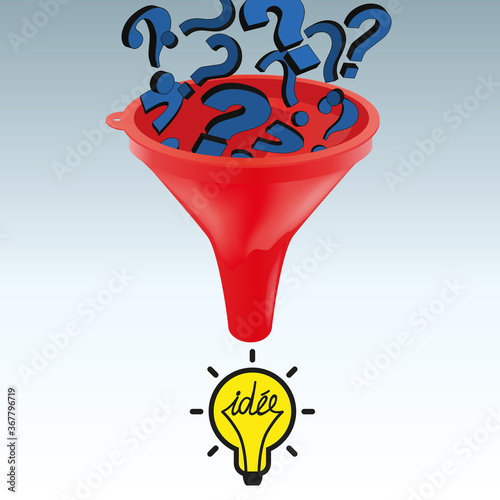 Concept de la solution pour répondre à un problème avec comme symbole des points d’interrogations qui se transforment en idée en passant au travers un entonnoir.