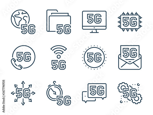 5G Technology related vector line icon set. 5G Network outline icons. 5th Generation Internet and Communication icon collection.