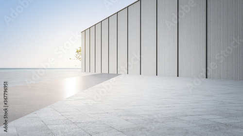 Empty concrete floor and gray wall. 3d rendering of sea view plaza with clear sky background.