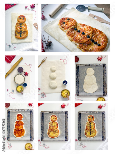 Christmas food pizza snowman step by step instructions. How to make pizza in the shape of a snowman for the new year, recipe. Collage of 8 photos