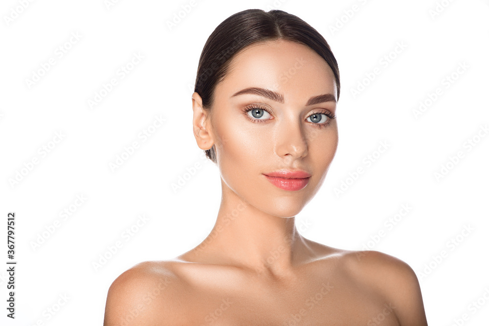 Portrait of a beautiful woman with clean, healthy skin and natural make-up isolated on a white background. Perfect female face, skin care Portrait of a beautiful woman with clean, healthy skin and natural make-up isolated on a white background. Perfect female face, skin care