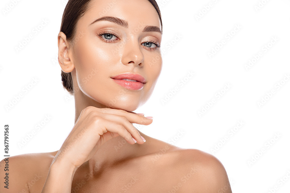 Portrait of a beautiful woman with clean, healthy skin and natural make-up  isolated on a white background. Perfect female face, skin care Stock Photo