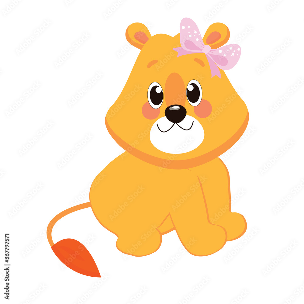 Cartoon vector illustration of sitting lion cub. Isolated over white.