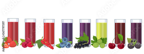 Juice from berries in glass glasses, next to berries. Seth on a white background, isolate. Vector illustration