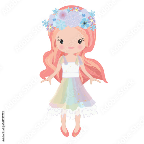 Vector Illustration Beautiful Cute Little Girl. Elegant adorable girl with long hair in a multi-colored dress. unicorn horn