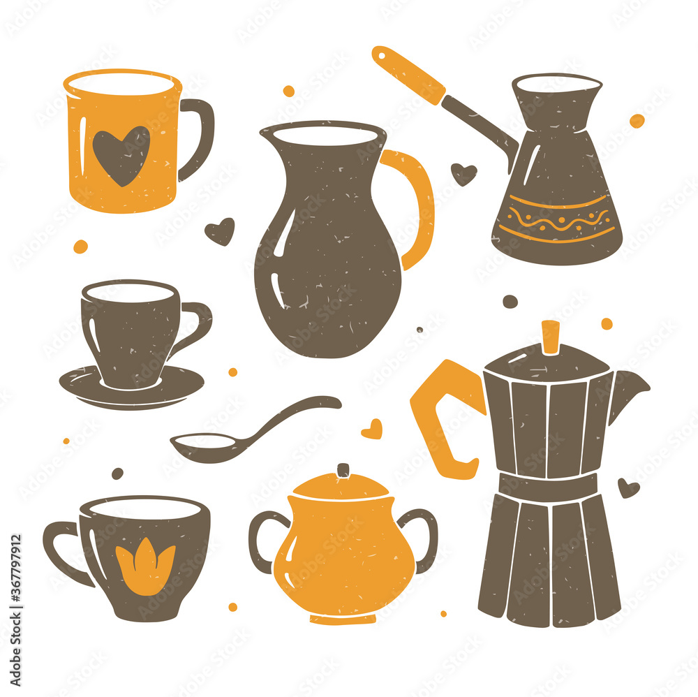 Obraz premium Cute tea and coffee set isolated on a transparent background. Vector shabby hand drawn illustration