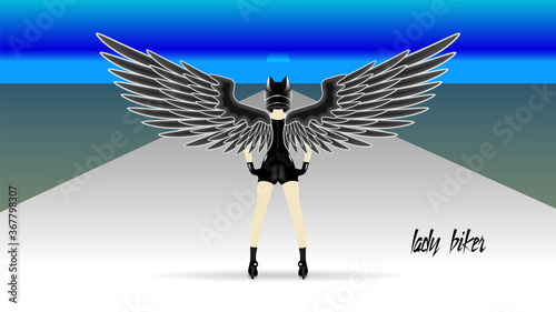 Poster featuring a biker lady from the back, with wings wide open and wearing a motorcycle helmet with ears, standing on the road against a negative sunset or sunrise background EPS10