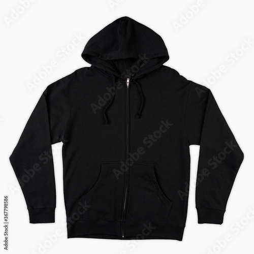 Blank black male hooded sweatshirt long sleeve with clipping path, mens hoody with zipped for your design mockup for print, isolated on white background. Template sport winter clothes. Blank hoodie.