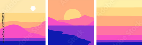 Minimalist landscape design, flat scenery postcard, Scandinavian design, poster set  mountains lake sunset © Levin