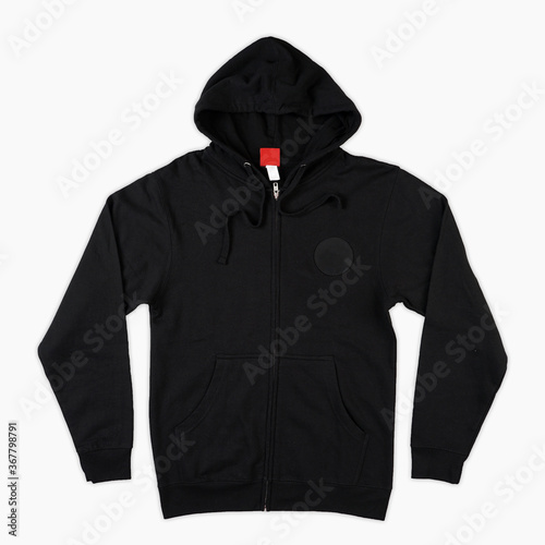 Blank black male hooded sweatshirt long sleeve with clipping path, mens hoody with zipped for your design mockup for print, isolated on white background. Template sport winter clothes. Blank hoodie. © AndhikaRaya