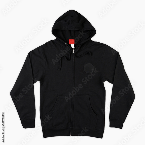 Blank black male hooded sweatshirt long sleeve with clipping path, mens hoody with zipped for your design mockup for print, isolated on white background. Template sport winter clothes. Blank hoodie.