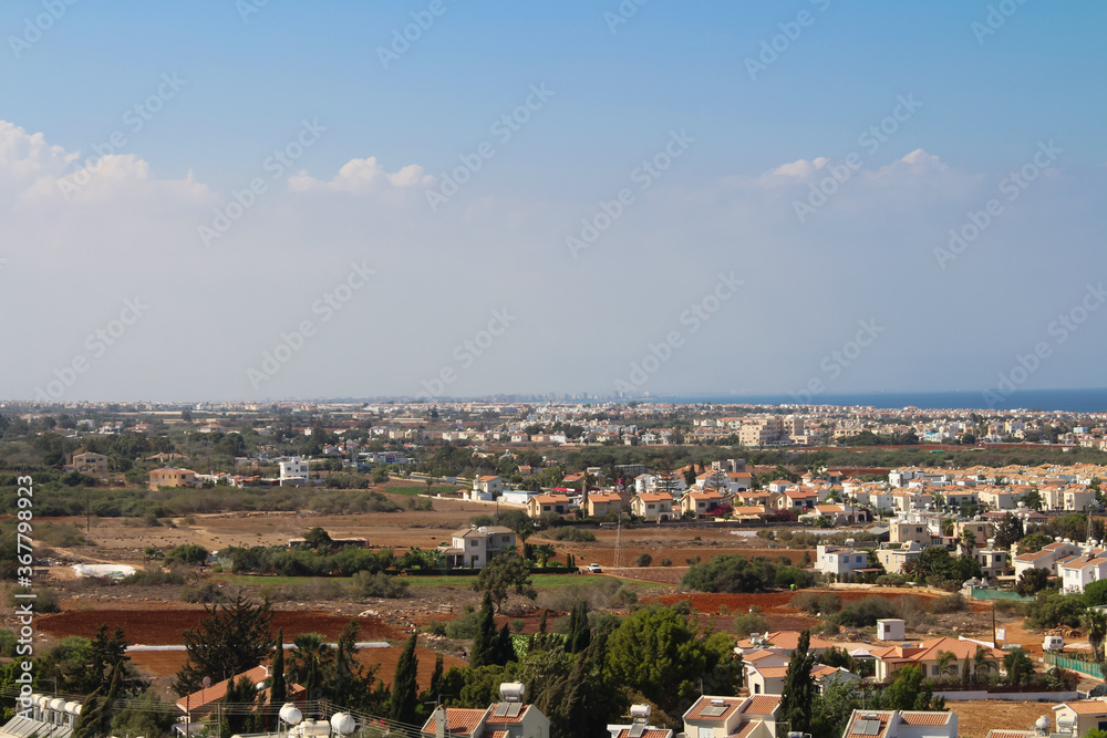 View of the part of Protaras with cultivated land from the observation deck. Cyprus.