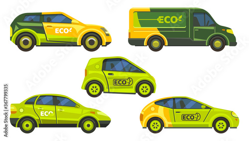 Eco friendly cars or electric vehicles icons