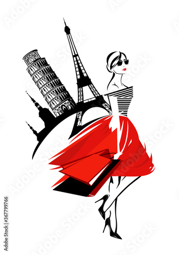 stylish woman with shopping bags and european landmarks in the background - international fashion commerce vector design