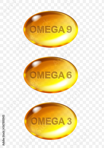 Omega acids. Shiny drops of nutrient fish oil. Omega 3 omega 6 omega 9 transparent pills