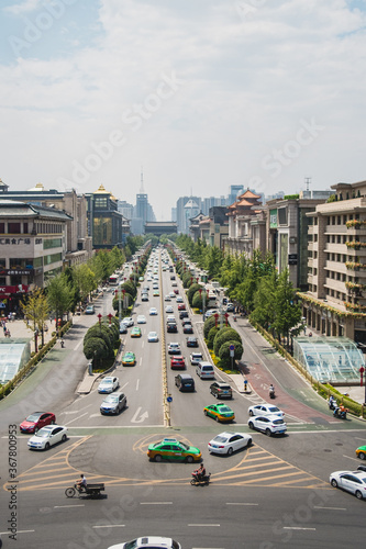 A large boulevard stretches out in downtown Xi'an