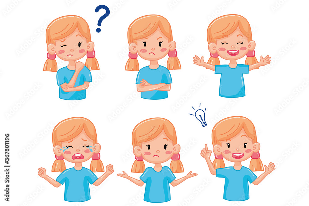 Kid girl with different emotions. Joy, sadness, anger, funny, thinking, smile. Set. Isolated illustration on white background. Vector. Cartoon. Flat. Face expression Kid girl with different emotions. Joy, sadness, anger, funny, thinking, smile. Set. Isolated illustration on white background. Vector. Cartoon. Flat. Face expression