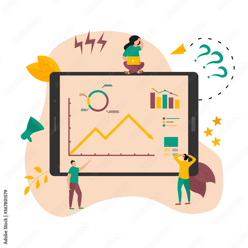 Flat design vector illustration concept of stock market crisis. Financial charts down due to the pandemic coronavirus