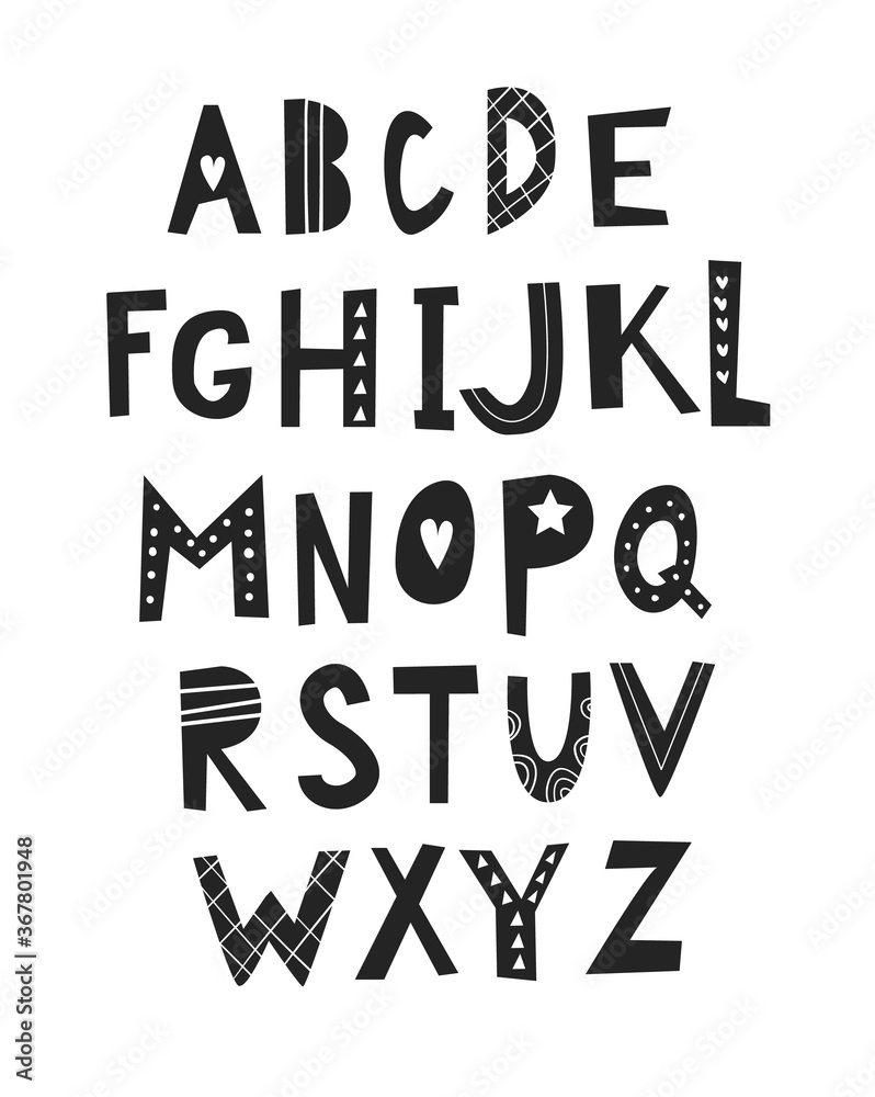 ABC - Latin alphabet. Kids wall poster,  hand drawn letters in scandinavian style, black and white illustration.