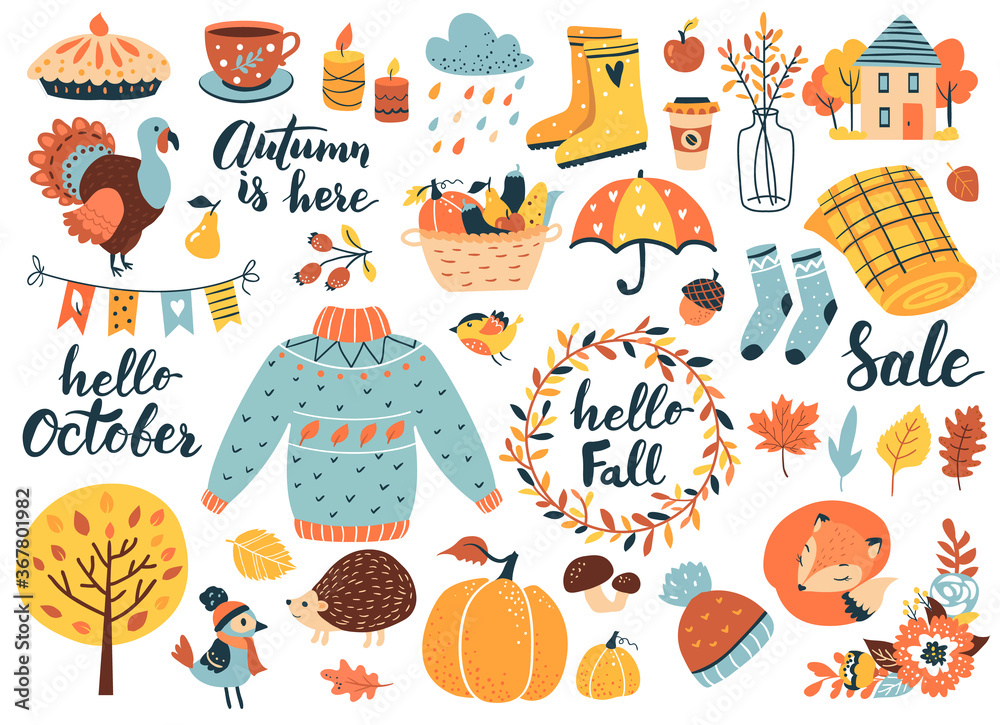 Autumn icons set: falling leaves, pumpkins, sweater, cute fox, floral wreath, candles and other. Fall season elements perfect for scrapbook, card, poster, invitation, sticker kit. Vector illustration