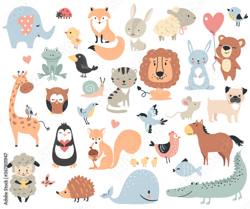 Fototapeta Naklejka Na Ścianę i Meble -  Wild animals and pets. Perfect set for scrapbooking, baby shower, childish poster, tag, sticker kit. Vector illustration.