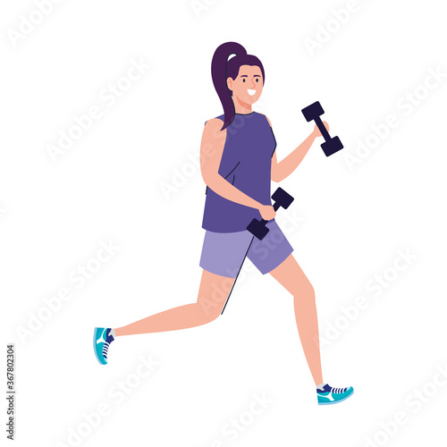 woman running with dumbbells on white background
