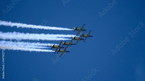 Aero L-39C Albatros of Baltic Bees aerobatics team performing demonstration flight the international aerospace salon MAKS-2019.
