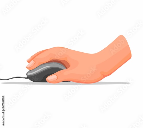 Hand holding computer mouse in office or home in cartoon illustration vector isolated on white background