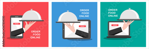 Order food online, Food delivery and E-commerce concept. Hand holding food tray for serving via mobile phone, tablet and laptop. Flat vector design of cloud kitchen.